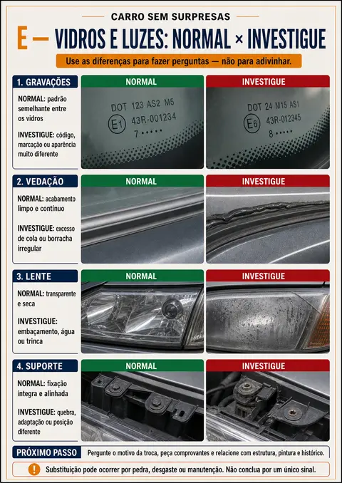 Página do manual — vidros e luzes, comparação padrão x investigue